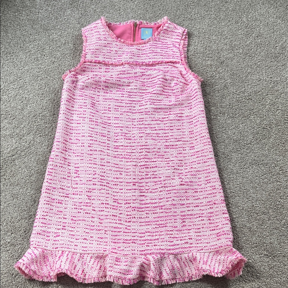 🎀🎀CeCe Bright Bold Pink Purple “Tweed” Fringed Ruffle-Hem Shift sz4 Gold Zipper